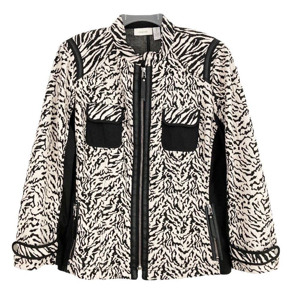Chico's Animal Zebra Print Zip Up Jacket Size 3 or XL Black White Solid Contrast